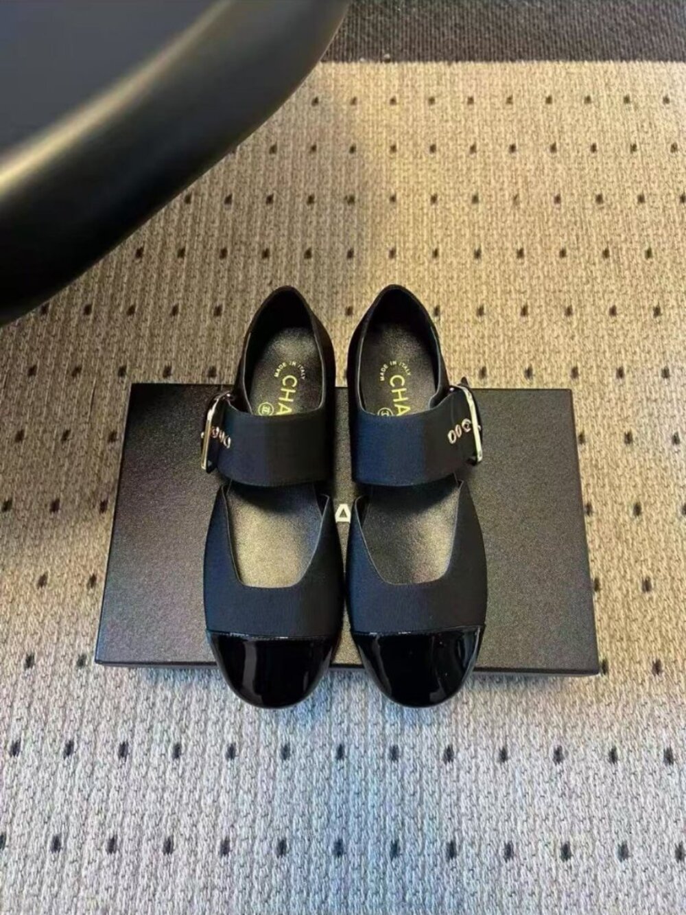 CHANEL Black Satin Mary Jane Ballet Flats